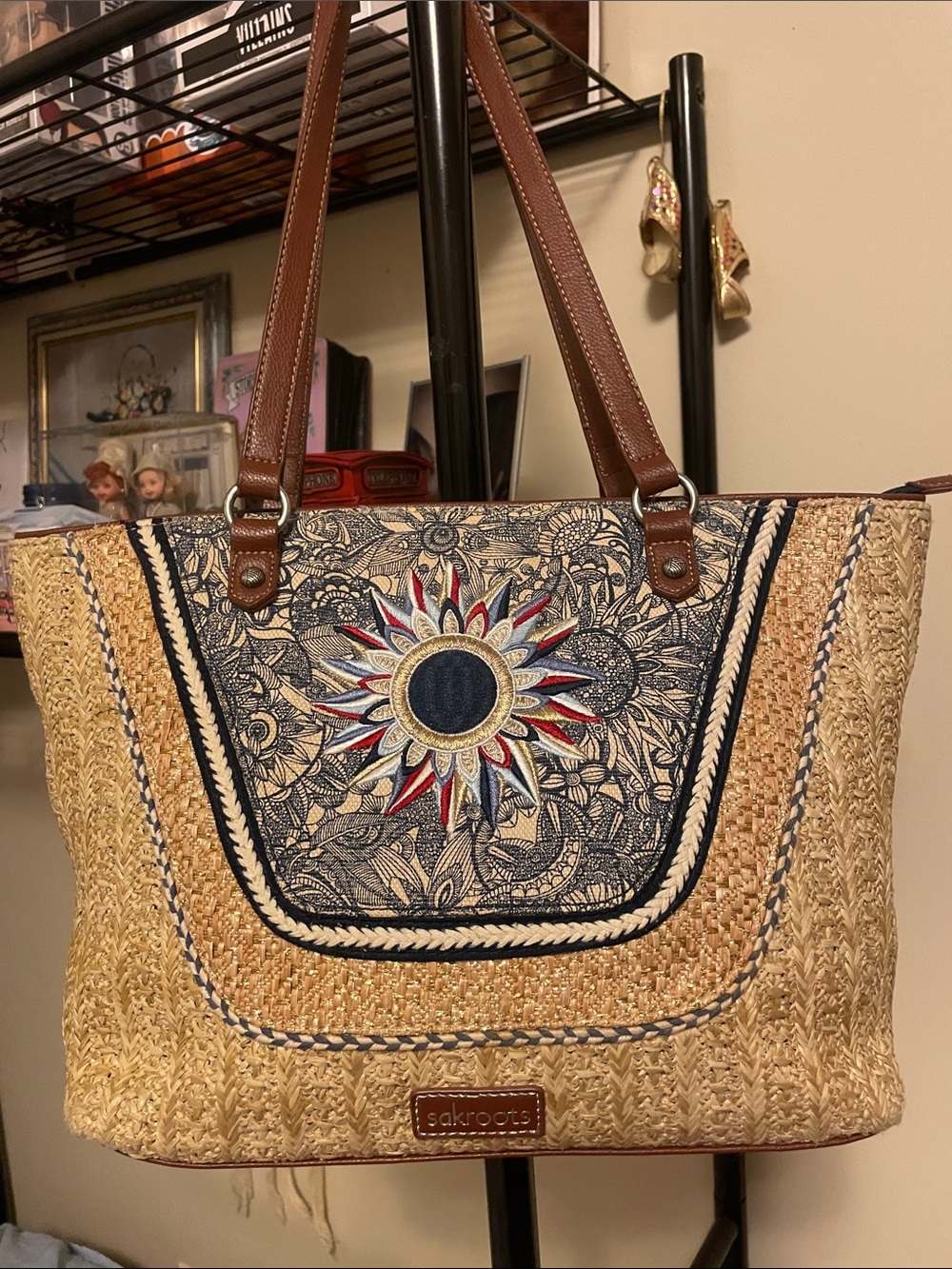 Sakroots Natural Straw Tote with Red, Blue & Cream Sunburst Embroidery